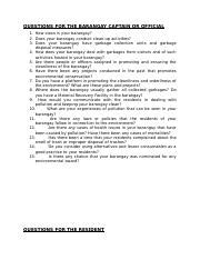 Guide Questions For Barangay Captain .